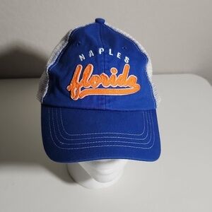 Naples Florida blue orange clear white mess trucker hat Marco Destin strap back